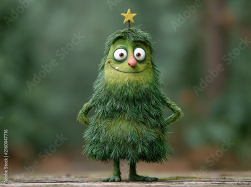 Cute animated Christmas tree character with a star on head