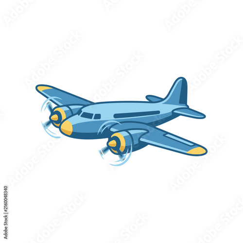 Blue vintage propeller aircraft flying in the air.