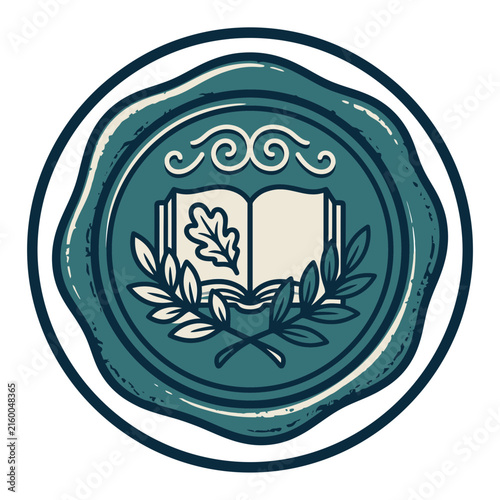 Blue wax seal with open book and oak leaf.
