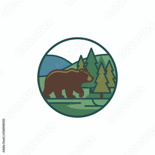 Brown bear in circular forest landscape badge.