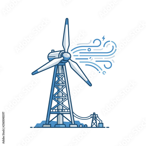 Blue wind turbine illustration with power line tower.