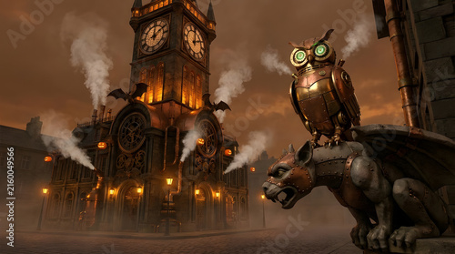 Steampunk clock tower with mechanical owl and gargoyle.