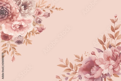Dusty Pink Botanical Watercolor Scene – Muted dusty pink flowers with fine line botanical sketches, offering a soft romantic tone for greeting cards