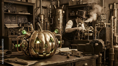 Steampunk inventor crafting mechanical brass pumpkin in workshop.