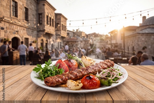 A plate of hot, steaming traditional Turkish Adana minced meat kebab served with roasted vegetables and pita on a wooden table in a vibrant historic town square.