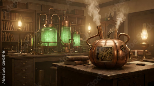Steampunk laboratory with copper pumpkin machine and green chemicals.