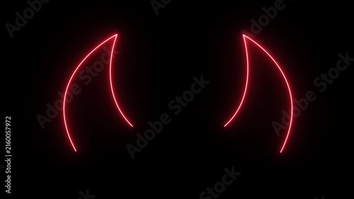 A pair of red neon-style devil horns curving toward the center against a black background, with a white play button icon positioned in the middle.