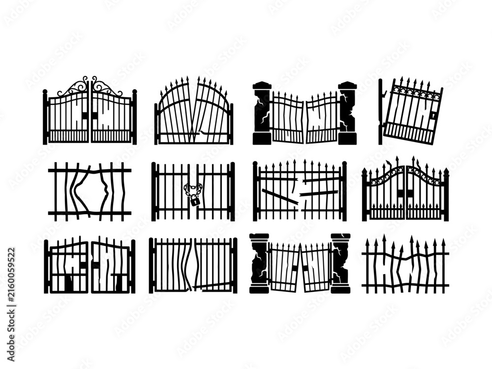 Obraz premium Broken iron gate silhouette collection for cemetery entrance or haunted house backgrounds.
