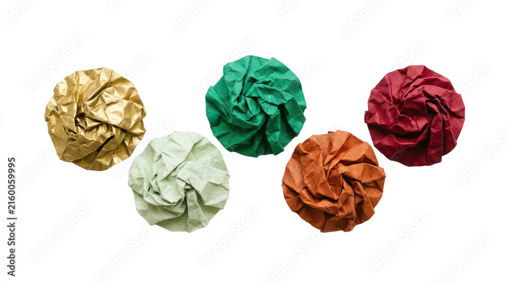 Obraz premium Five crumpled colorful paper balls isolated on transparent background