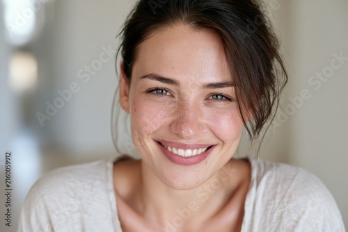 Bright head-and-shoulders portrait of a cheerful young woman in soft lighting