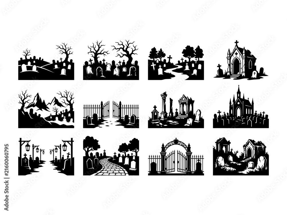 Fototapeta premium Dark graveyard environment silhouettes abandoned chapels and spooky burial ground scenery.