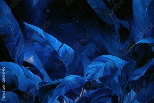 Calm blue tropical leaves over a deep space backdrop, abstract botanical graphic for branding and visuals