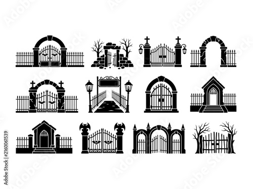 Gothic cemetery gate silhouettes black iron archways spooky graveyard entry decor collection.