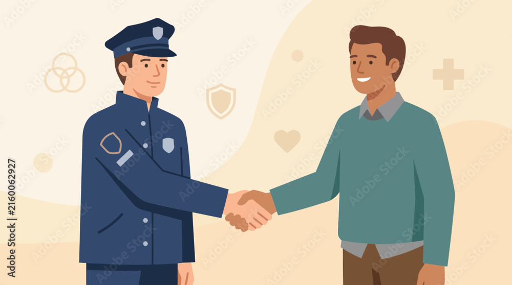 Fototapeta premium A symbolic flat design illustration showing a handshake between a first responder and a civilian, representing trust, gratitude, and community connection