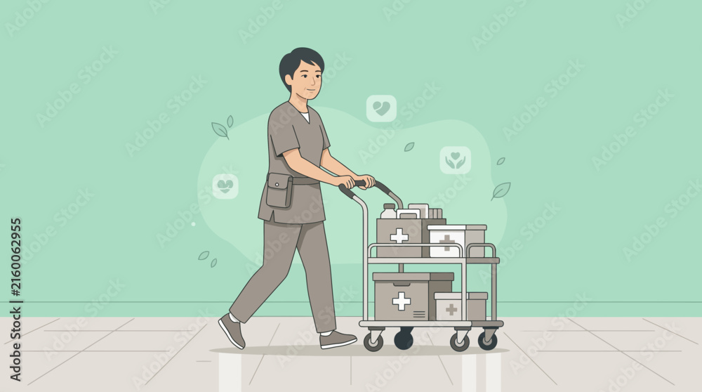 Obraz premium Healthcare worker pushing medical cart, isolated on transparent background