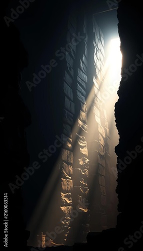 Looming stacks, pierced by stark light, create geometric voids in deep darkness,  desolate,  moody