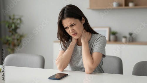 Young woman holding her neck in pain and discomfort at home, grimacing from neck ache and tension while seeking relief and self-care in a bright modern living space