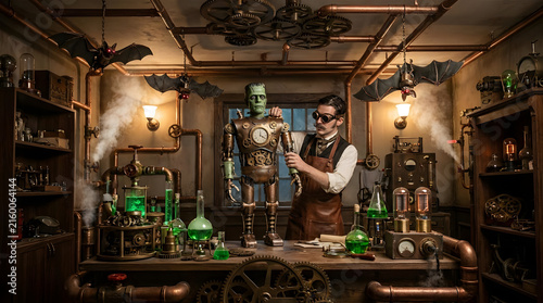 Steampunk mad scientist creating monster in vintage laboratory.