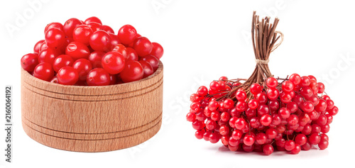 ripe red viburnum berries in a wooden bowl isolated on white background