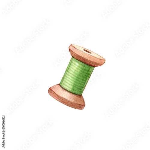 Foto Green Thread Spool Hand-painted watercolor illustration of a wooden spool wrappe