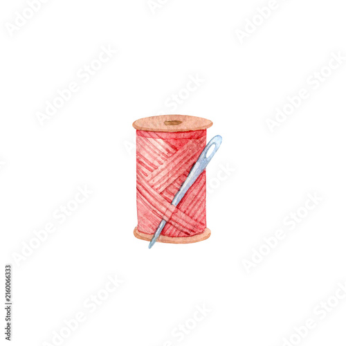 Картината върху платно Red Thread Spool with Sewing Needle Hand-painted watercolor illustration of a sp