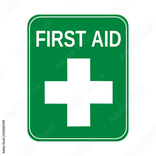 First aid medical sign, green safety cross vector icon