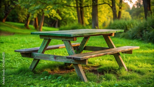 Rustic Wooden Picnic Table in a Lush Green Park Setting, Ideal for Relaxation and Outdoor Enjoyment