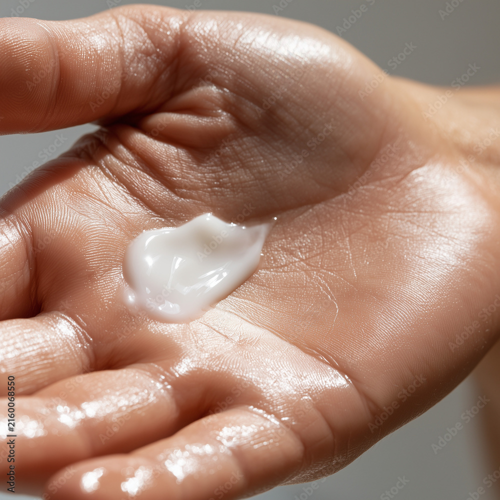Fototapeta premium Macro shot of white moisturizing cream smear on glossy female palm, skincare cosmetics texture concept.