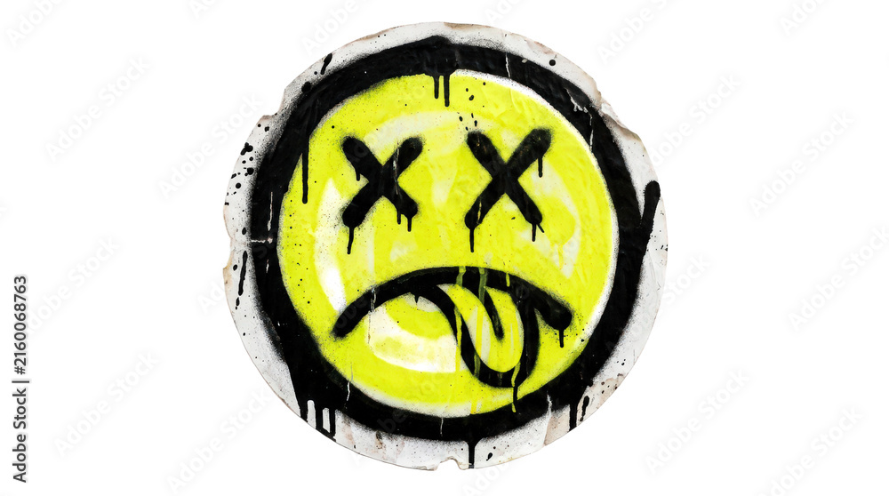 Naklejka premium Grungy graffiti smiley face with dead eyes and tongue sticking out isolated on transparent background