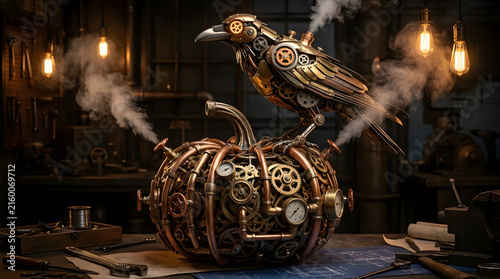 Steampunk mechanical crow perched on copper pumpkin sculpture.
