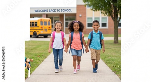 Diverse Group of Happy Elementary School Children Walking Hand in Hand Outside School Building with Yellow Bus