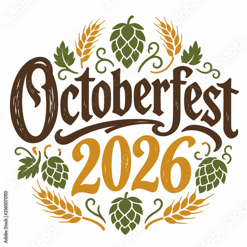 Rustic Octoberfest 2026 Typography with Hops and Barley Flat Vector Harvest Festival Design