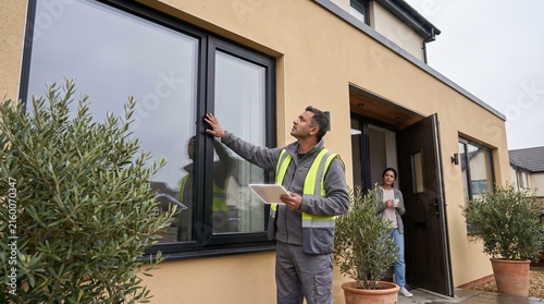 Energy consultant with a tablet checking the facade and windows of a family house
