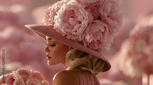 Elegant woman wearing large pink floral hat surrounded by soft pink peony flowers