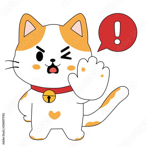 Calico cat character showing hand stop sign gesture with exclamation mark bubble photo image for warning notice prohibition rule attention message sticker clipart isolated