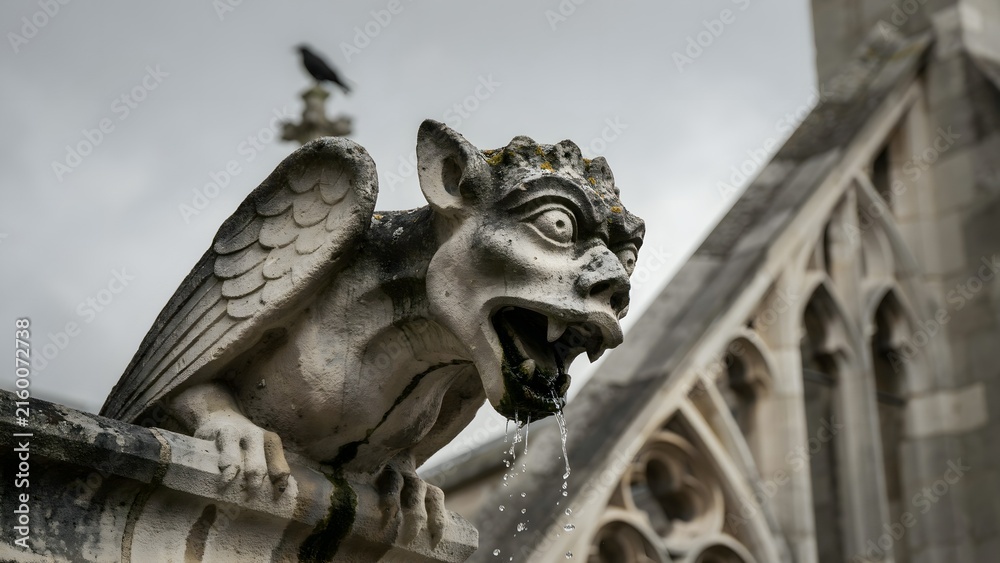 Fototapeta premium Stone Gargoyle Spitting Water with Dark Clouds in Background