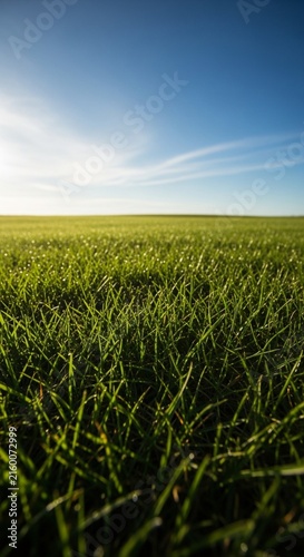 Bright Sunlight Illuminating Vibrant Green Grass Under a Clear Blue Sky