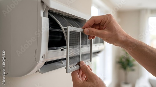 A person cleaning the dust filter of a modern wall mounted air conditioner unit at home.