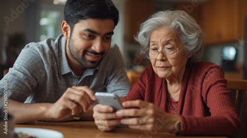 Young man teaching an elderly woman how to use a smartphone at home, illustrating digital education, family support, and intergenerational technology learning