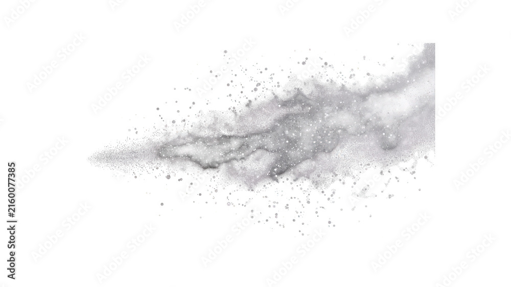 Fototapeta premium Horizontal grey particle mist spray effect isolated with horizontal burst on transparent background