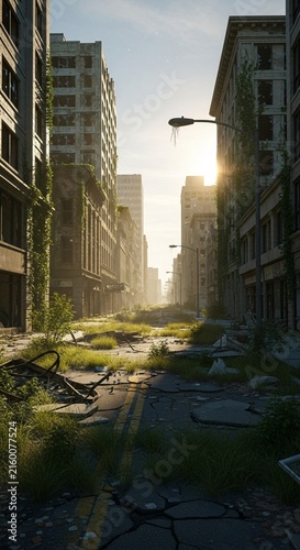 Cinematic and realistic view of an abandoned city street with overgrown grass, cracked asphalt, and post-apocalyptic ruins