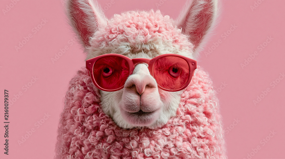 Naklejka premium Funny pink alpaca wearing red sunglasses against pink background with portrait