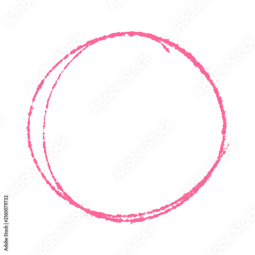 Pink spray paint round circle mark clip art. Thin aerosol doodle ring and freehand oval highlight shape isolated on white background for text annotation and graphic design.