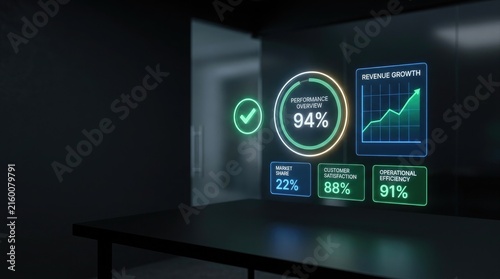 Business performance dashboard showing high revenue growth and efficiency