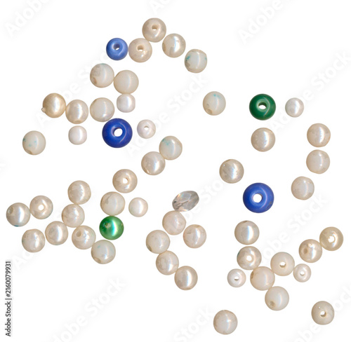 Scattered white pearl beads and colorful accent gemstones isolated on transparent background PNG for jewelry design craft projects and scrapbooking