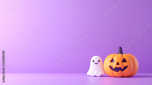 紫の背景におばけとジャックオランタンを配置したコピースペース付きハロウィン背景