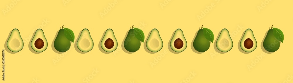 Vector avocado horizontal seamless border pattern with whole and cut fruits on yellow background for web, packaging, and healthy food design.