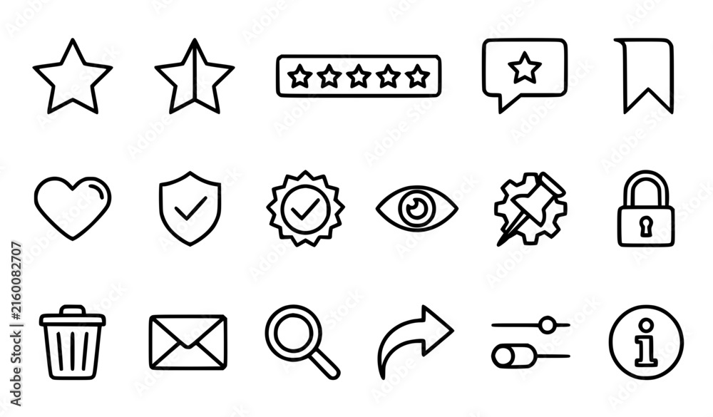Fototapeta premium User Interface and Website Navigation Line Icon Set Featuring Five Star Rating, Ribbon Bookmark, Heart Favorite, Secure Lock, and Search Magnifier