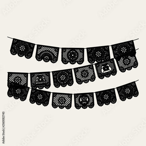 Papel picado banner silhouette set for mexican festivities and party.