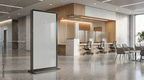Blank vertical digital signage display stand in a modern office building lobby.
